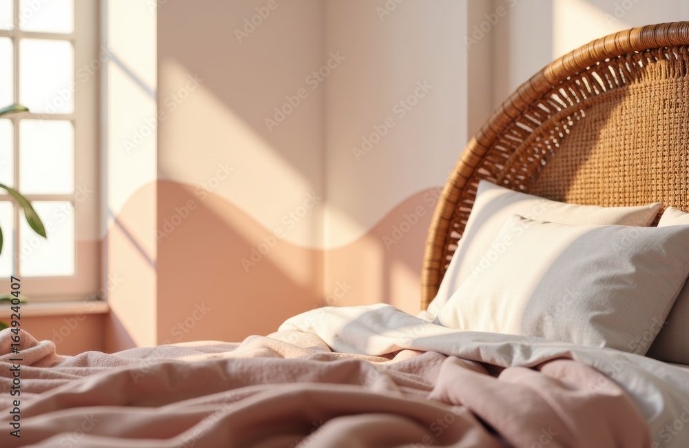 Aufkleber sunlight streams into a cozy bedroom with a rattan headboard and soft bedding creating a warm inviti