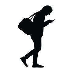 Man Walking with Smartphone Silhouette – Vector Illustration of Person Using Mobile Device
