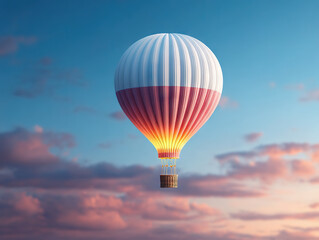 Fototapeta premium Colorful hot air balloon floating gracefully in sky during serene sunset, surrounded by soft clouds