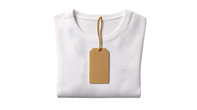 Folded white T-shirt with brown kraft tag and string, top-down view, product presentation, isolated on transparent background