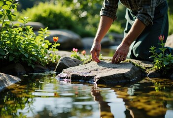 A person placing a stone in a tranquil stream surrounded by greenery