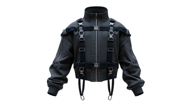 Futuristic techwear jacket, black matte with straps and zippers, cyberpunk style, isolated on transparent background