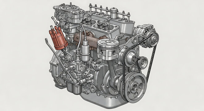 Detailed technical illustration of a classic car engine with a cutaway view showing pistons valves and a distinctive red distributor cap.
