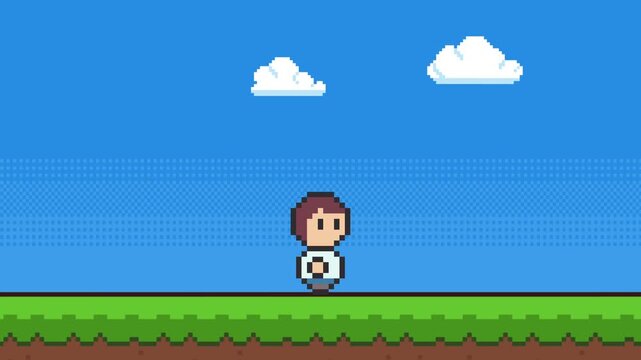 8-bit pixel art 2d platformer game style walking boy character on the background. blue sky, clouds and green grass with bushes. looped animation 4k 30fps