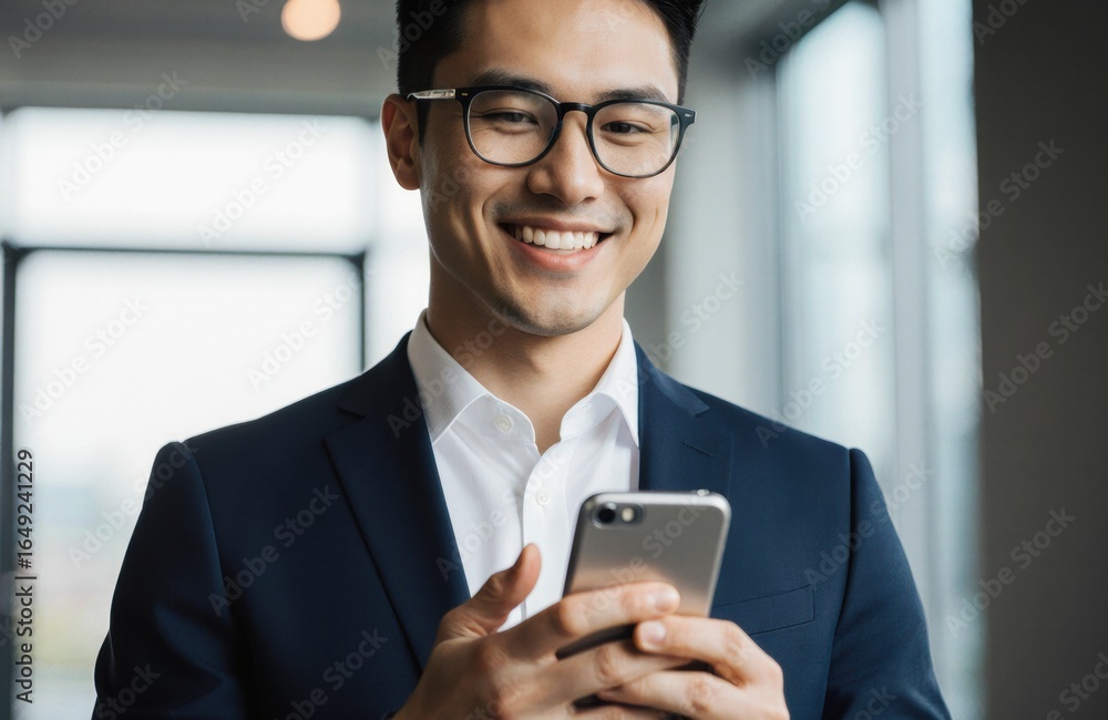 Poster a smiling man in business attire using a smartphone in a modern office setting