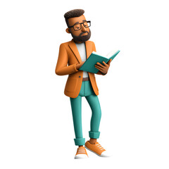 3D Cartoon Character Reading a Book in Stylish Casual Attire on transparent backdrop