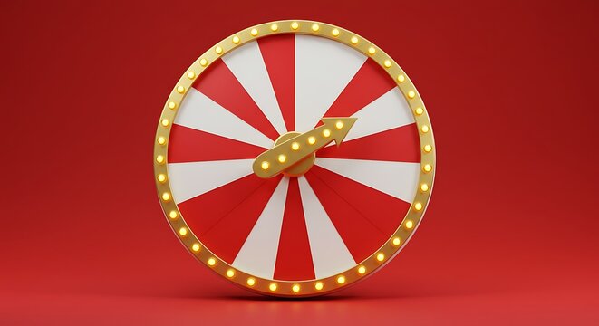 A 3D rendered carnival wheel with golden rim and arrow on red background