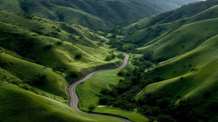 Winding road through lush green hills and valleys on a bright sunny day landscape