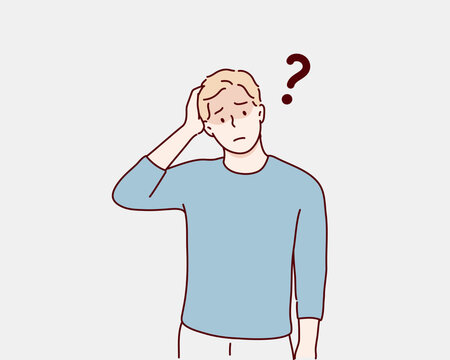 Confused puzzled bewildered young man with doubtful surprised expression looking away. Hand drawn style vector design illustrations.