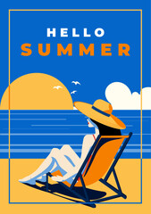Retro summer illustration of a woman relaxing in a lounge chair, watching a sunset over the sea. Minimalist pop art vacation poster design. Vector illustration