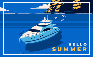 Minimalist retro summer illustration with luxury yacht on the sea, sunny coastal landscape, and bold pop art colors. Perfect vacation poster design. Vector Illustration