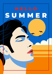 Vibrant pop art summer portrait of a relaxed man facing the sun with ocean waves and seagulls in the background. Perfect for travel, vacation, and retro art projects. Vector illustration