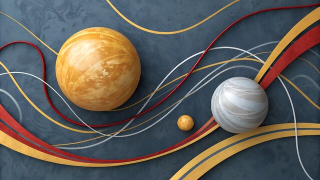 Abstract 3D Digital Art of Spheres and Flowing Ribbons, Orange and Grey Orbs on a Blue Textured Background