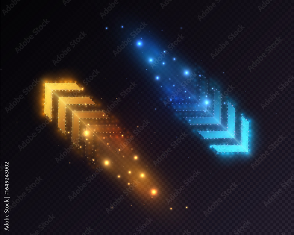 Poster glowing gold and blue arrow trails with shimmering particles and motion stripes on a transparent bac