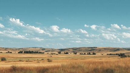 Obraz premium Golden Field Under a Blue Sky with Rolling Hills