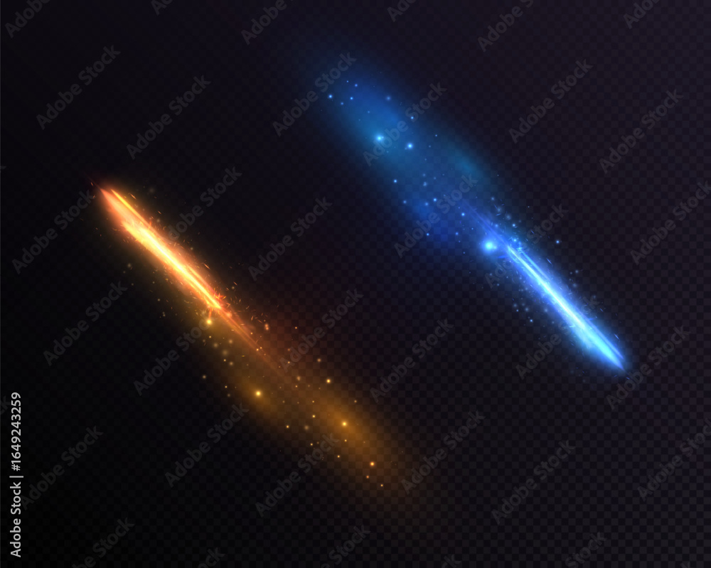 Poster glowing orange and blue light streaks with particle trails and motion blur on transparent background