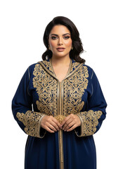 Elegant curvy woman in a traditional blue Moroccan kaftan with exquisite gold embroidery, posing gracefully, Isolated on a Transparent Background PNG.