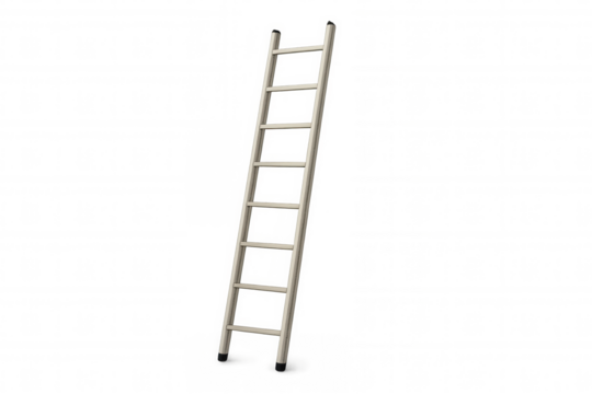 Metal ladder with eight steps leaning vertically, supporting construction and maintenance work against clean background