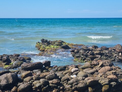 Rocky beach with waves on summer vacation in T&eacute;n&egrave;s Chlef Algeria