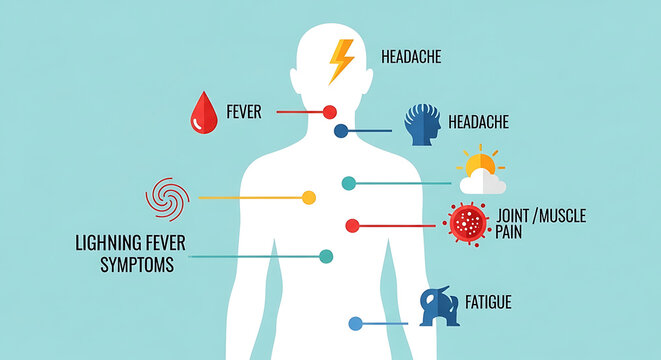 A medical infographic showing the symptoms of Lightning Fever on a human body silhouette.