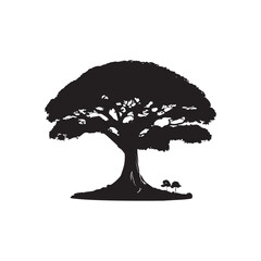 Banyan Tree Silhouette in Black on White Background.