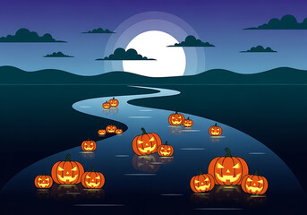 Halloween night scene with pumpkins floating on a river under a full moon and cloudy sky landscape