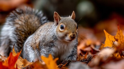 Fototapeta premium Gray Squirrel Among Autumn Leaves