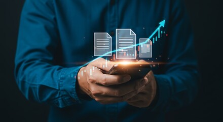 Man holding smartphone with digital document icons and upward trending graph overlay on screen