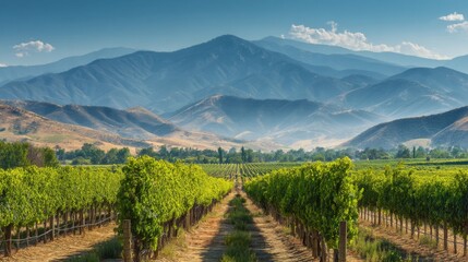 Fototapeta premium Vineyard Landscape with Mountain Range Background