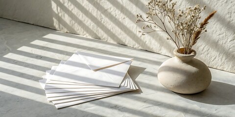 Soft natural light illuminates a minimalist still life featuring a textured ceramic vase with dried flowers and a stack of white paper