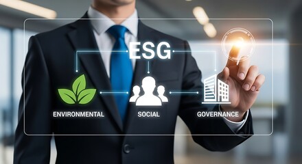 Businessman interacting with ESG environmental social governance concept on virtual screen in office