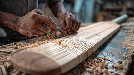 A craftsman shaping a cricket bat with a tool, creating wood shavings in workshop