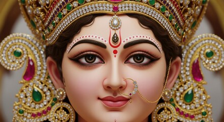 Close Up of Goddess Durga's Serene Face Adorned in Ornate Jewelry