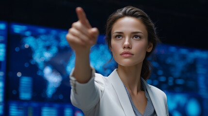 Obraz premium Advanced cyber defense center with multiple large screens displaying real-time analytics, where a female cybersecurity specialist points to key threat indicators while coordinating