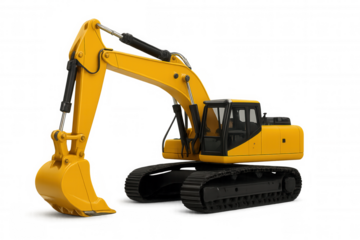 Heavy-duty excavator extending hydraulic arm, performing precision earthmoving work against clean transparent backdrop