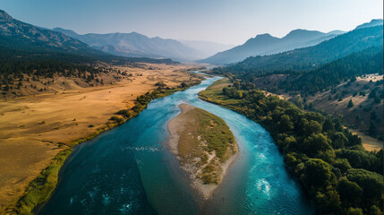 An epic aerial shot of two distinct rivers merging into one, symbolizing synergy and combined strength.