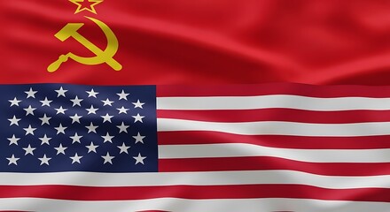 Mixed flags of Soviet Union and United States of America symbolizing cold war era politics