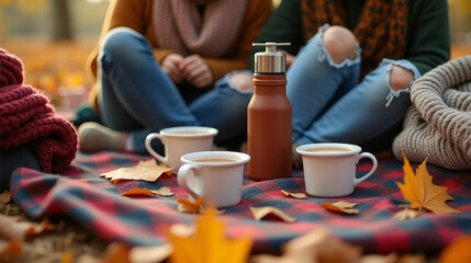 Cozy autumn picnic on plaid blanket with warm tea, seasonal fruits, pumpkins and pastries, detailed atmospheric outdoor scene
