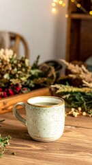 Light green mug of tea on wooden table