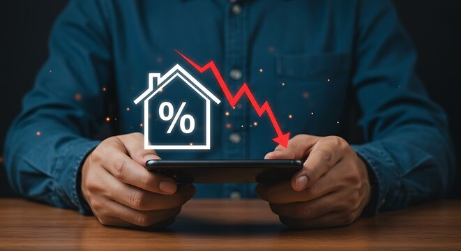 Man holding tablet with house icon and downward trending graph indicating declining property values