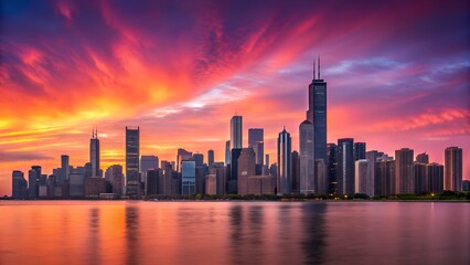 Fototapeta premium Vibrant sunset over a modern city skyline reflected in water