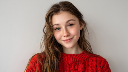 Portrait of a young woman with long brown hair wearing a red sweater smiling softly