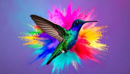 Obraz premium Hummingbird in Mid-Flight Amidst a Vibrant Holi Powder Explosion
