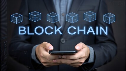 Businessman holding phone with blockchain network visualization