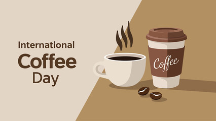 International coffee day celebration with hot beverages and beans