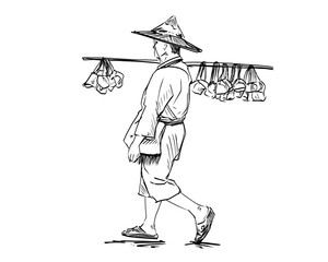 Illustration Sketching Vietnamese man walking selling noodles on the street, ink style on white background, People Concept.