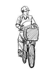 Illustration Sketch Elderly man cycling on public road ink style on white background, People Concept.