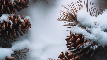 snowy pine cone cluster in soft winter background captured in high detail nature seasonal cinematic 4k video motion - Powered by Adobe