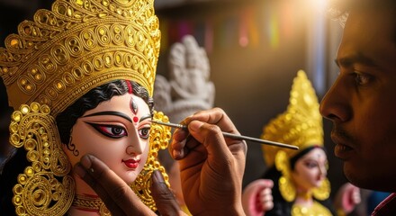 Artisan carefully paints the face of a religious idol