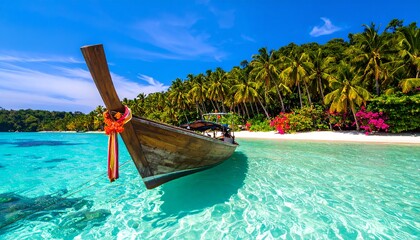 Obraz premium Traditional Wooden Fishing Boat in Clear Tropical Waters